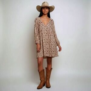 Peach Love  Floral Bell Sleeve V Neck Mini Dress Boho Cottagecore Large